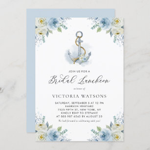 Anchor and Blue Flowers Nautical Bridal Luncheon Invitation