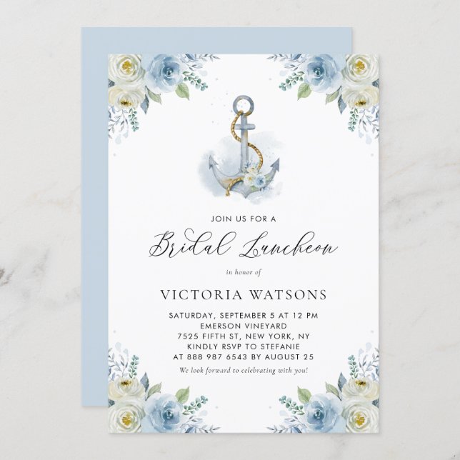 Anchor and Blue Flowers Nautical Bridal Luncheon Invitation (Front/Back)