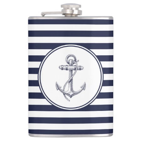 Anchor And Blue Striped 8 Oz Vinyl Wrapped Flask