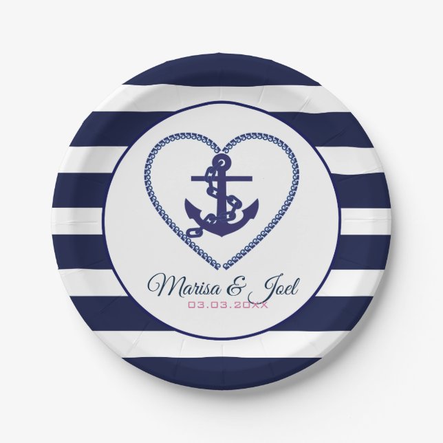 Anchor And Blue Stripes Paper Plates (Front)