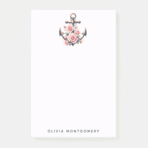 Anchor and Blush Pink Roses Custom Name Post-it Notes