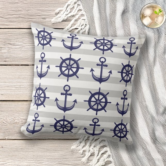 Anchor and Boat Helm Wheel Gray Stripe Nautical Outdoor Pillow (Creator Uploaded)
