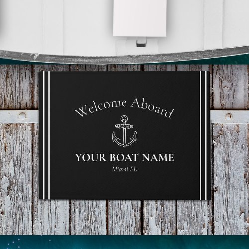 Anchor and Boat Name Black  White Nautical Doormat