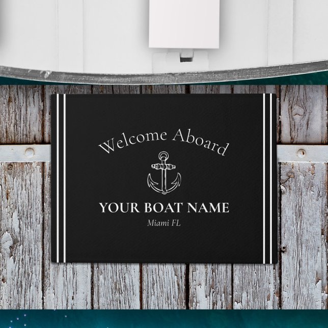 Anchor and Boat Name Black & White Nautical Doormat (Classic Black and White Nautical Welcome Aboard Entry Mat with Your Boat Name and Home Port)