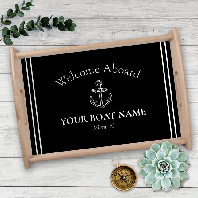 Anchor and Boat Name Black & White Nautical Serving Tray