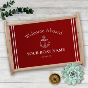 Anchor and Boat Name Bright Red Nautical Serving Tray