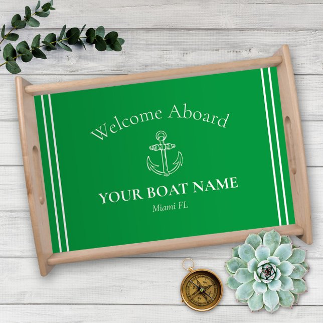 Anchor and Boat Name Kelly Green Nautical Serving Tray (Welcome Aboard Nautical Green and White Personalized Serving Tray with Your Boat Name and Home Port)