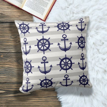 Anchor and Boat Wheel Gray Stripe Nautical