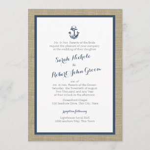 Anchor and Burlap Navy Blue Rustic Wedding Invitation