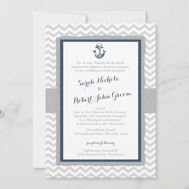 Anchor and Chevron Navy Blue and Grey Wedding Invitation (Front)