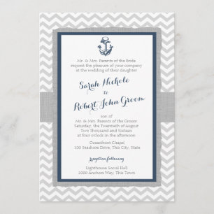 Anchor and Chevron Navy Blue and Grey Wedding Invitation