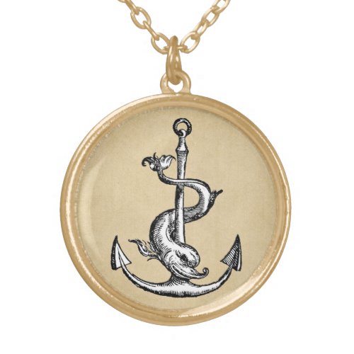 Anchor and Dolphin _ Festina Lente Gold Plated Necklace