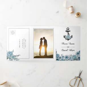 Anchor and dusty blue flowers nautical wedding Tri-Fold invitation