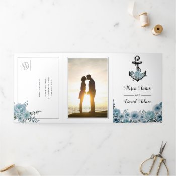 Anchor And Dusty Blue Flowers Nautical Wedding Tri-fold Invitation by weddings_ at Zazzle
