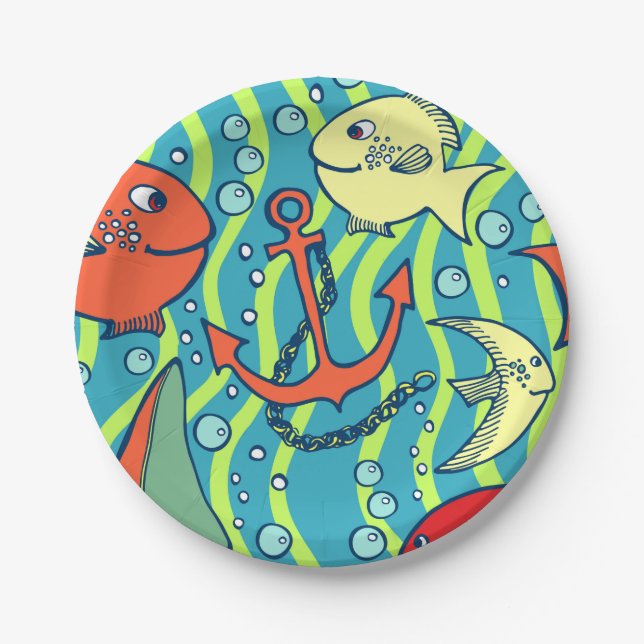 Anchor and fishes under the sea paper plates (Front)