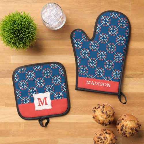 Anchor And Heart Pattern Oven Mitt  Pot Holder Set