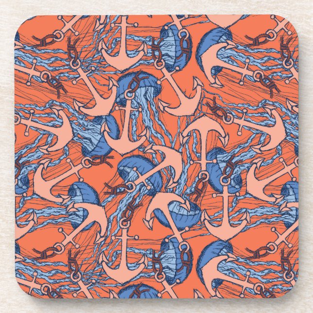 Anchor And Jellyfish Pattern Drink Coaster (Front)
