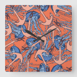 Anchor And Jellyfish Pattern Square Wall Clock