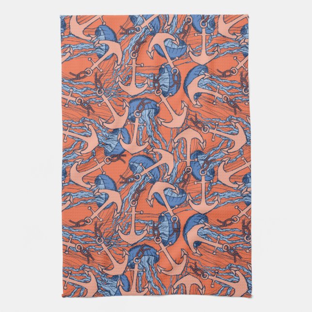 Anchor And Jellyfish Pattern Towel (Vertical)