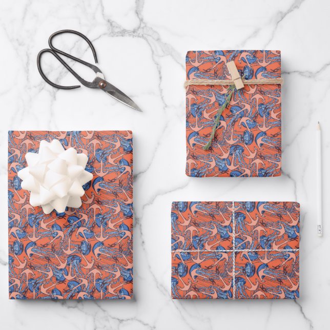 Anchor And Jellyfish Pattern Wrapping Paper Sheets (Front)