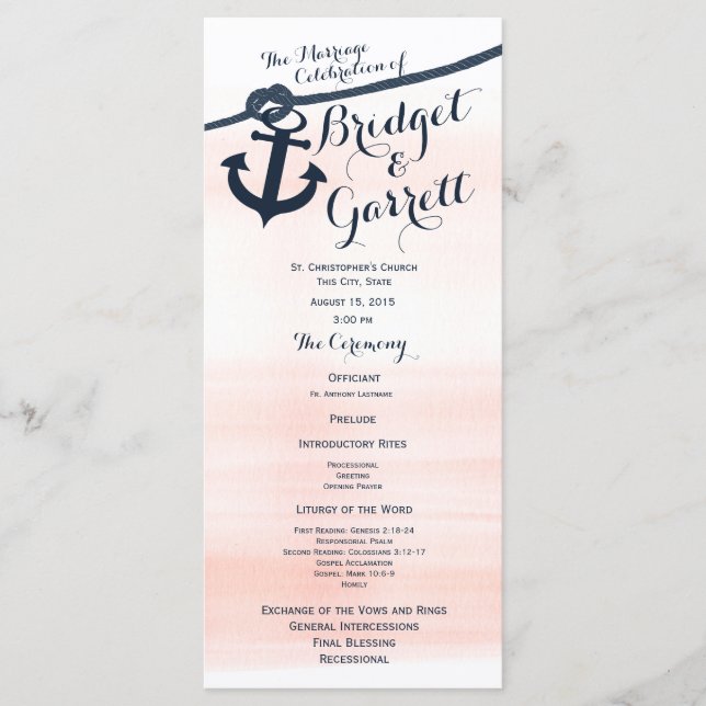 Anchor and Rope Blush Navy Wedding Program (Front)
