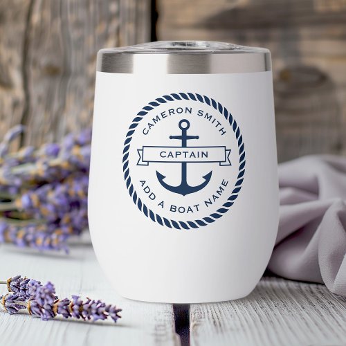 Anchor and rope boat name and title thermal wine tumbler