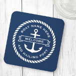 Anchor and rope boat name hailing port welcome beverage coaster<br><div class="desc">Coaster featuring an anchor with a ribbon banner across it with customizable text "welcome". Add your boat name above and hailing port below. Around the anchor and text is a round rope border. White design on dark blue background.</div>
