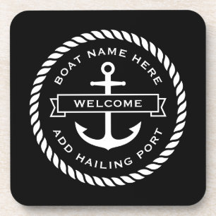 Anchor and rope boat name hailing port welcome beverage coaster
