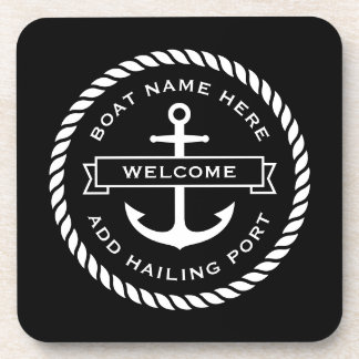 Anchor and rope boat name hailing port welcome beverage coaster