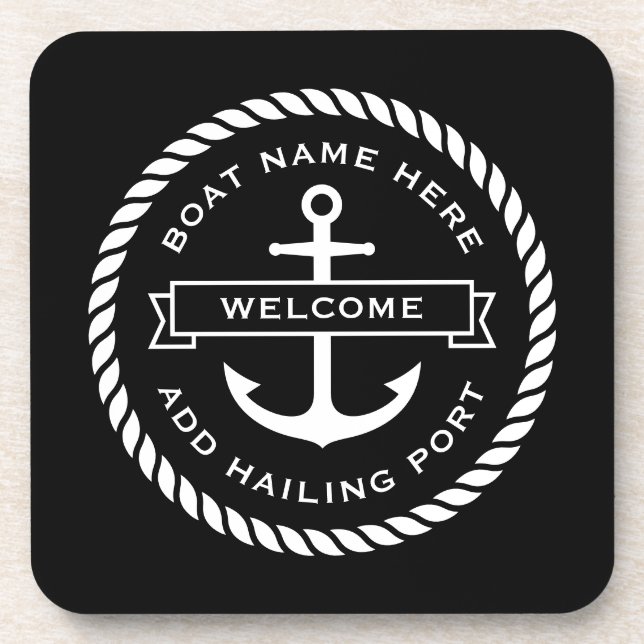 Anchor and rope boat name hailing port welcome beverage coaster (Front)