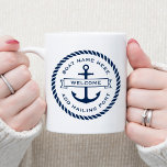 Anchor and rope boat name hailing port welcome coffee mug<br><div class="desc">Coffe mug featuring an anchor with a ribbon banner across it with customizable text "welcome". Add your boat name above and hailing port below. Around the anchor and text is a round rope border. Dark blue design on white background.</div>