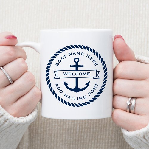 Anchor and rope boat name hailing port welcome coffee mug