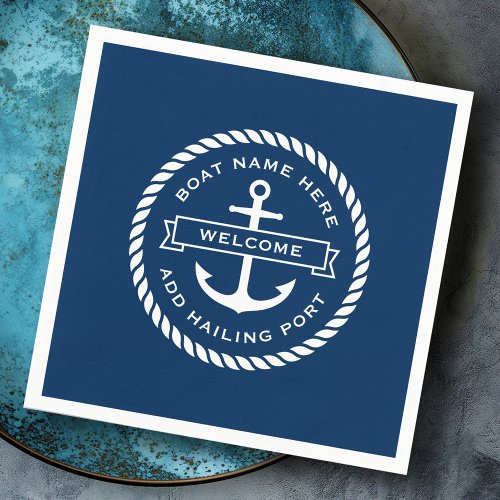 Anchor and rope boat name hailing port welcome napkins