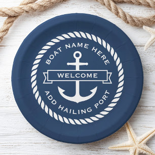Anchor and rope boat name hailing port welcome paper plates