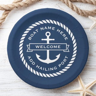 Anchor and rope boat name hailing port welcome paper plates