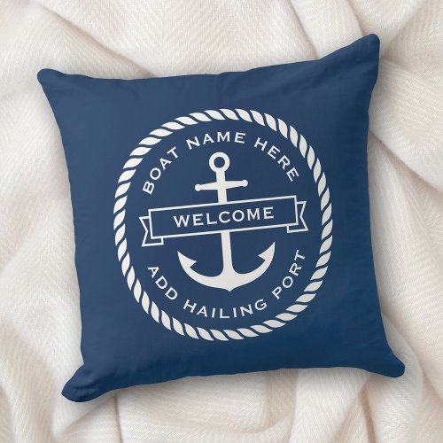 Anchor and rope boat name hailing port welcome throw pillow