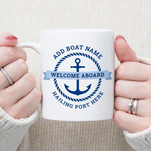 Anchor and rope border boat name welcome aboard coffee mug
