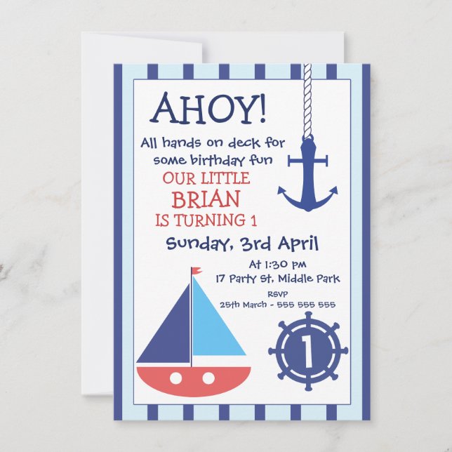 Anchor And Sail Boat Nautical Birthday Invitation (Front)