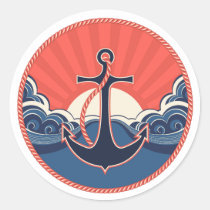 Anchor And Sea Wave Pattern Classic Round Sticker