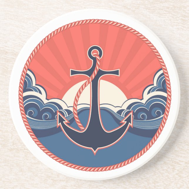 Anchor And Sea Wave Pattern Drink Coaster (Front)