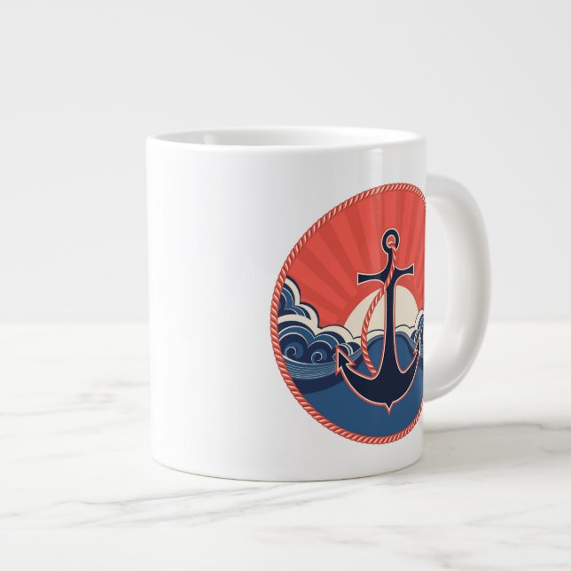 Anchor And Sea Wave Pattern Giant Coffee Mug (Front Right)