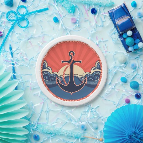 Anchor And Sea Wave Pattern Paper Plates