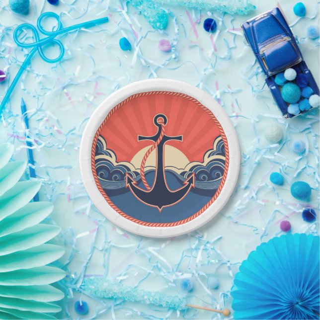 Anchor And Sea Wave Pattern Paper Plates (Party)