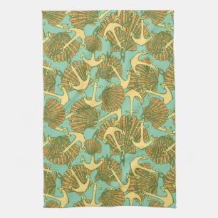 Anchor And Shells In Vintage Style Pattern Kitchen Towel