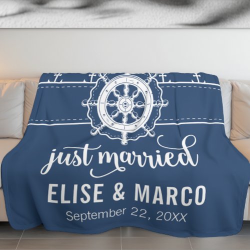 Anchor and Ship Wheel Just Married Fleece Blanket
