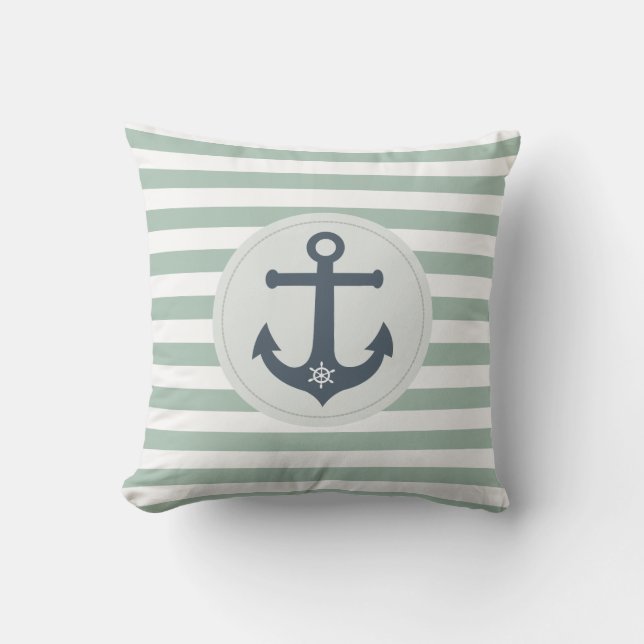 Anchor and ships wheel  mint stripes nautical outdoor pillow (Front)