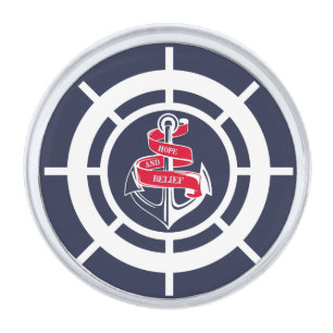 Anchor and steering wheel silver finish lapel pin