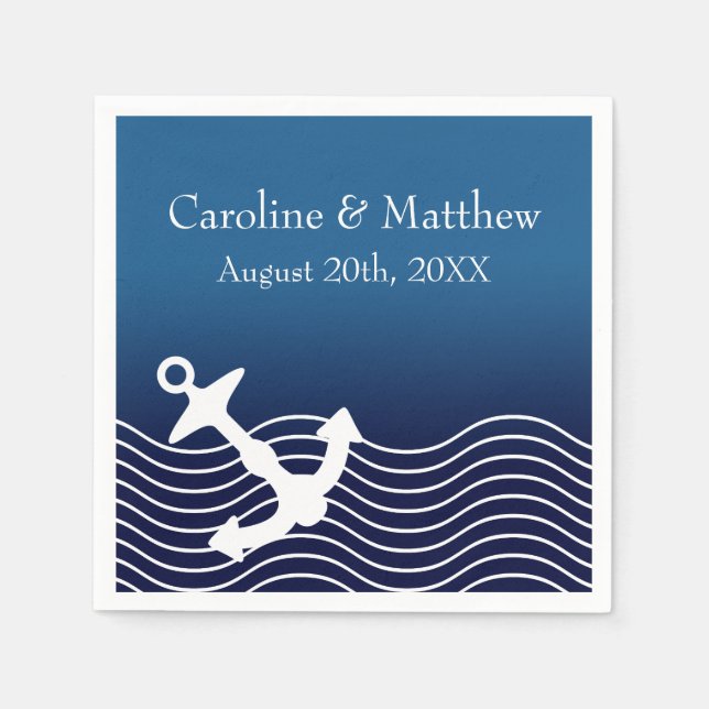 Anchor And Waves On Blue Wedding Paper Napkins (Front)