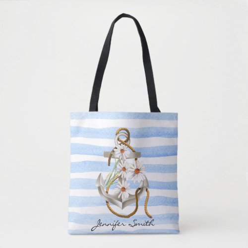 anchor and white daisy bouquet on blue stripe tote bag