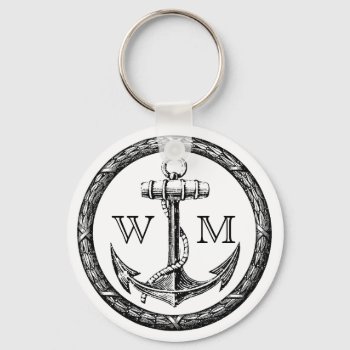 Anchor And Wreath Customizable Monogram Keychain by TimeEchoArt at Zazzle